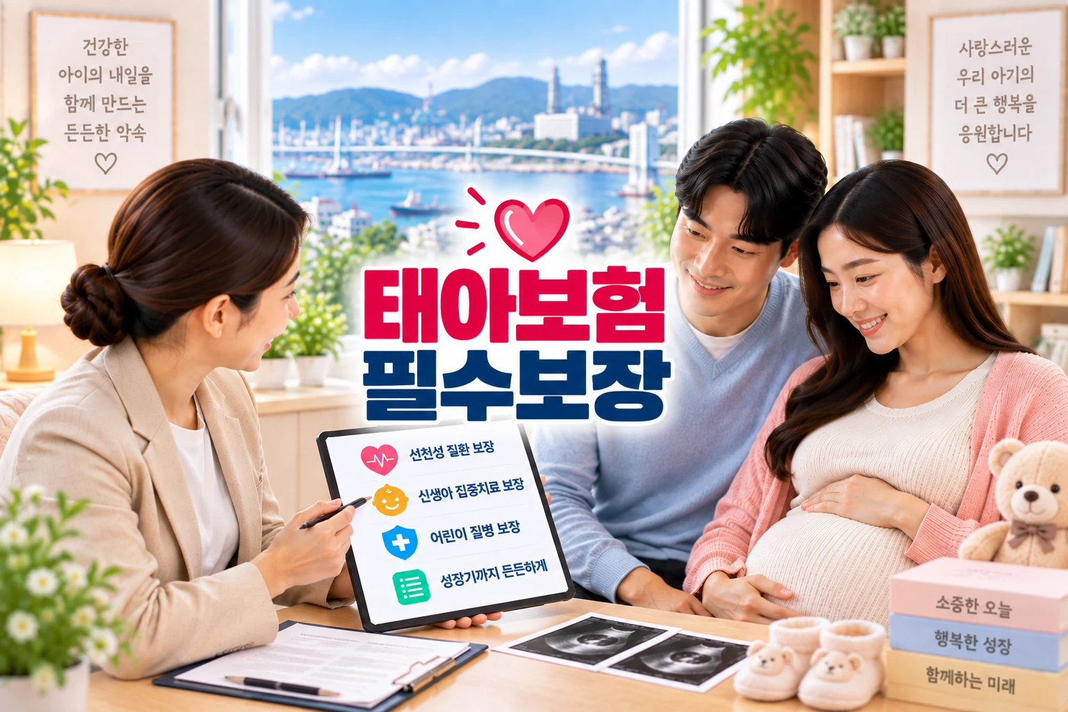 울산 출산 준비용품과 보험서류를 함께 준비하는 장면 - 울산 출산 전 보험상담